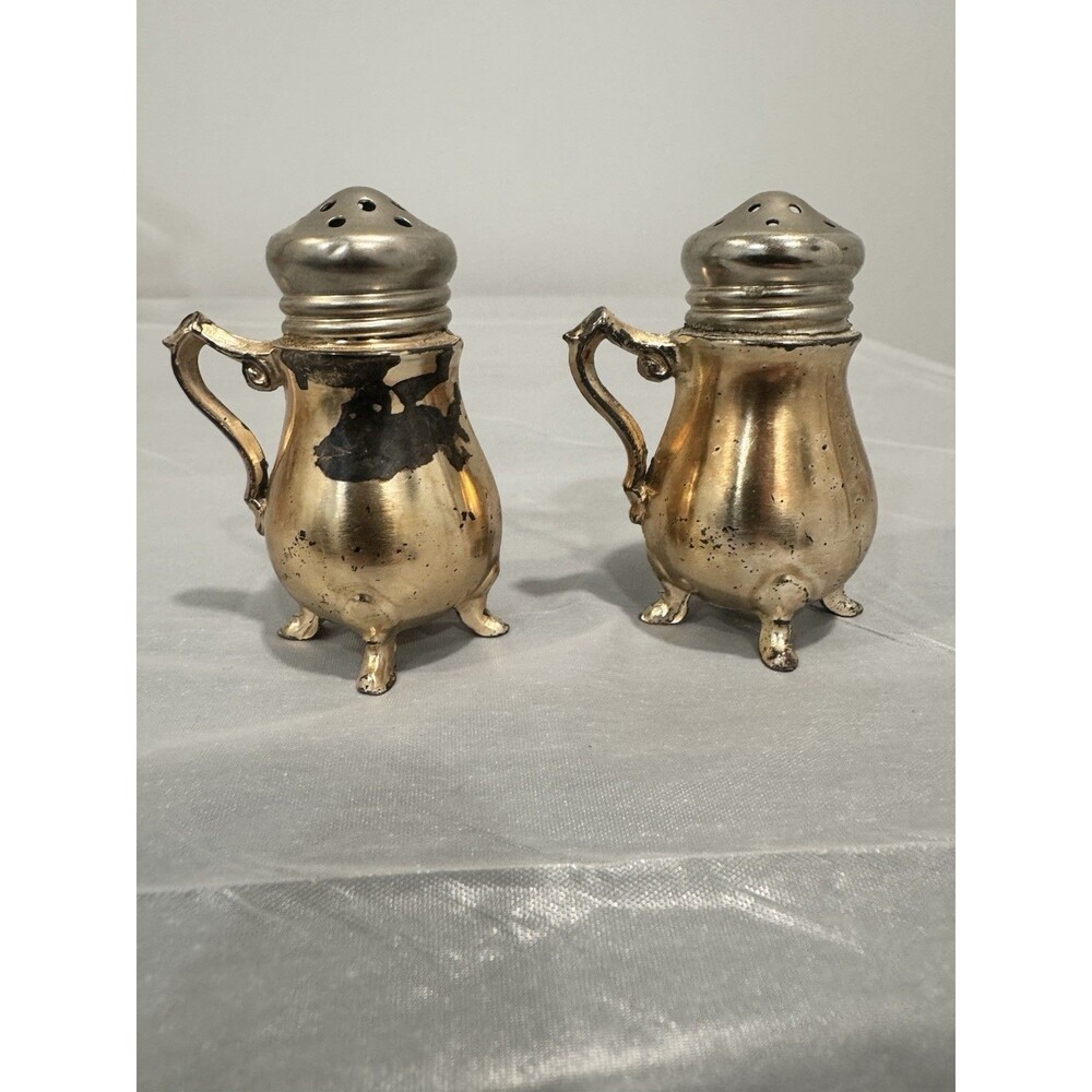 Vintage Gold Tone Salt Pepper Shakers Museum Souvenir One Missing Label